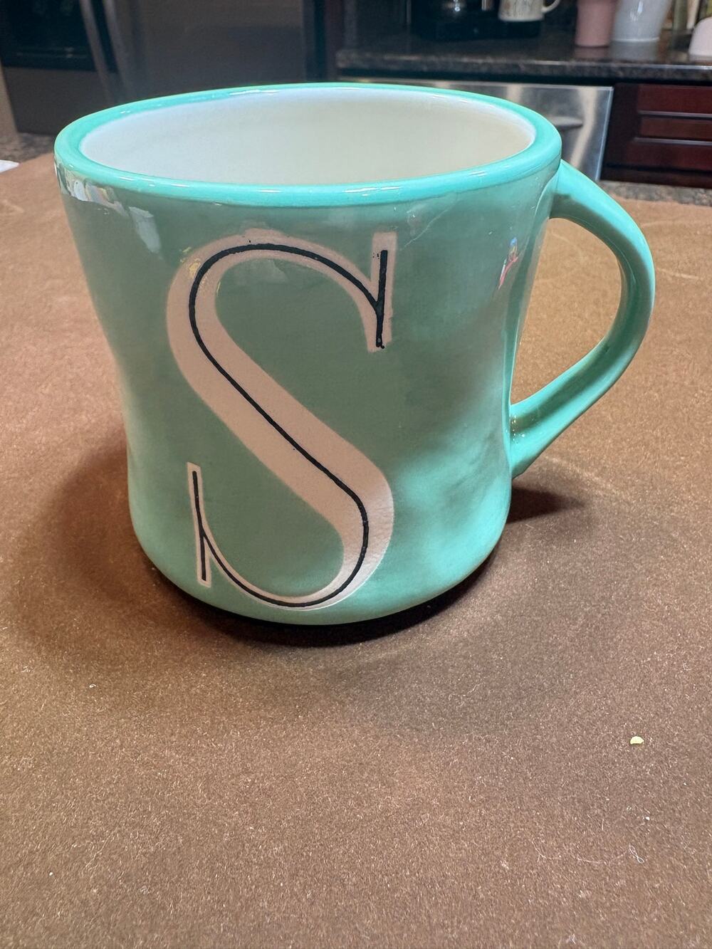 Anthropologie Monogram Letter S Aqua Hand Painted Mug Coffee Cup